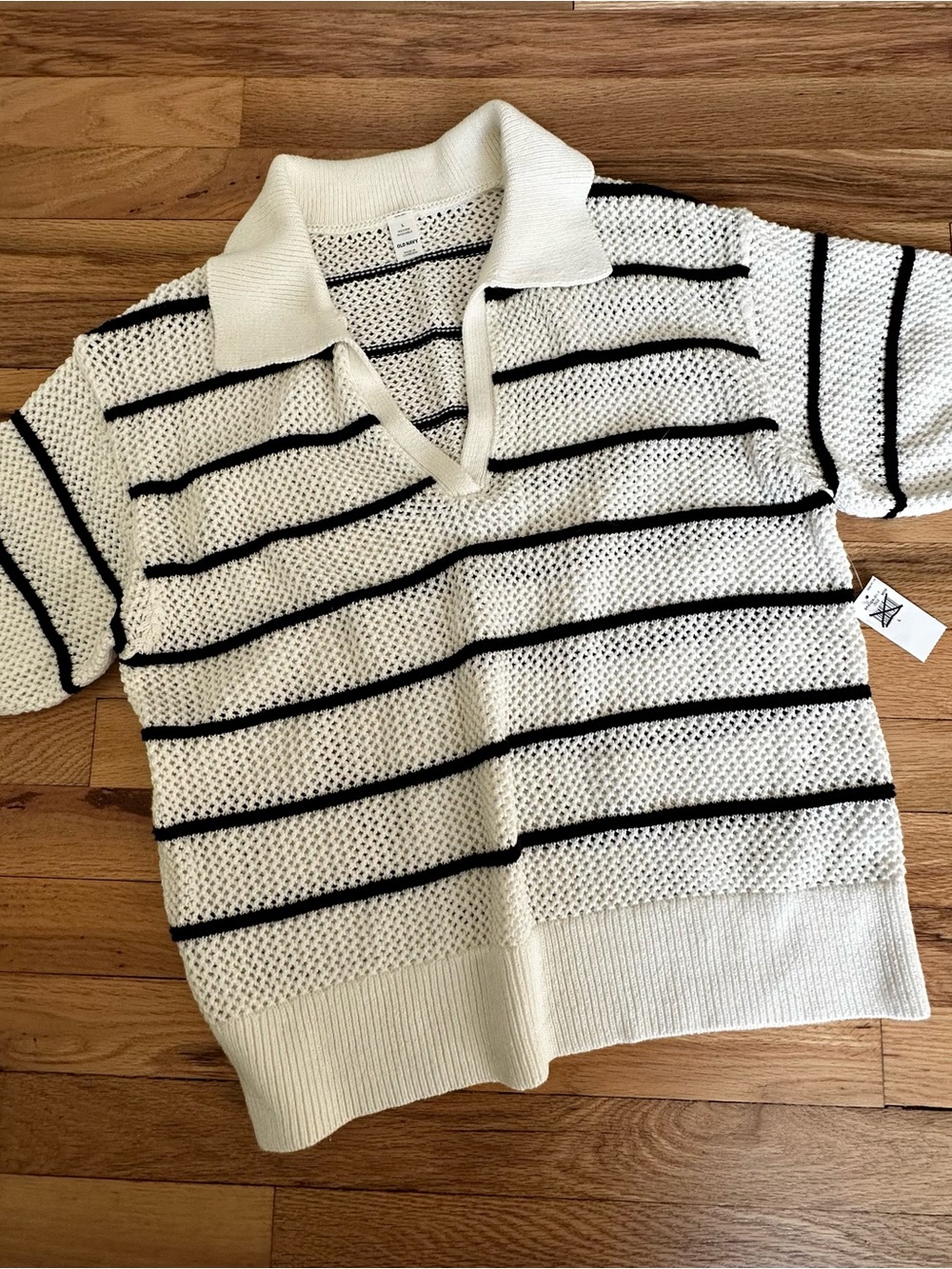 Old Navy Cream and Black Striped Open Knit Sweater, Large